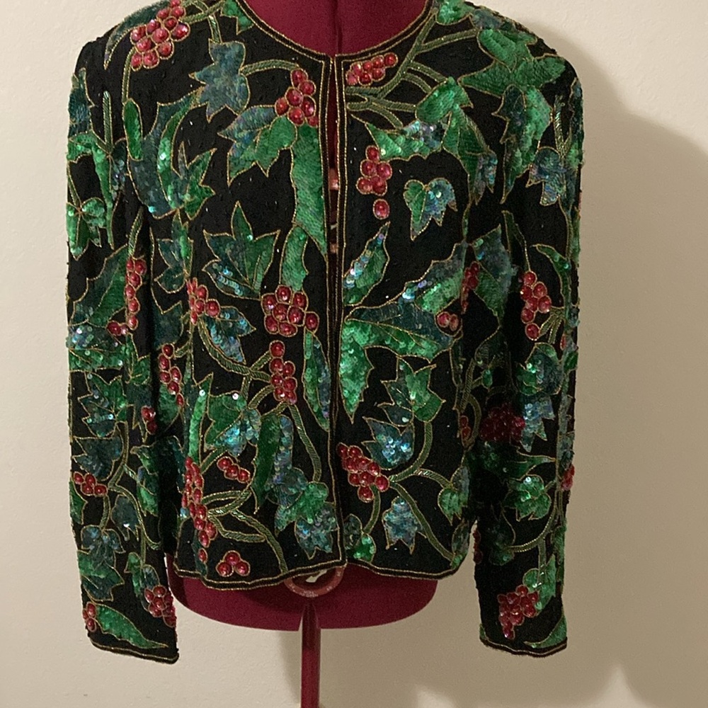 NITELINE Vintage Christmas Floral Sparkly Beaded Sequined Silk Jacket size XL - Picture 2 of 13
